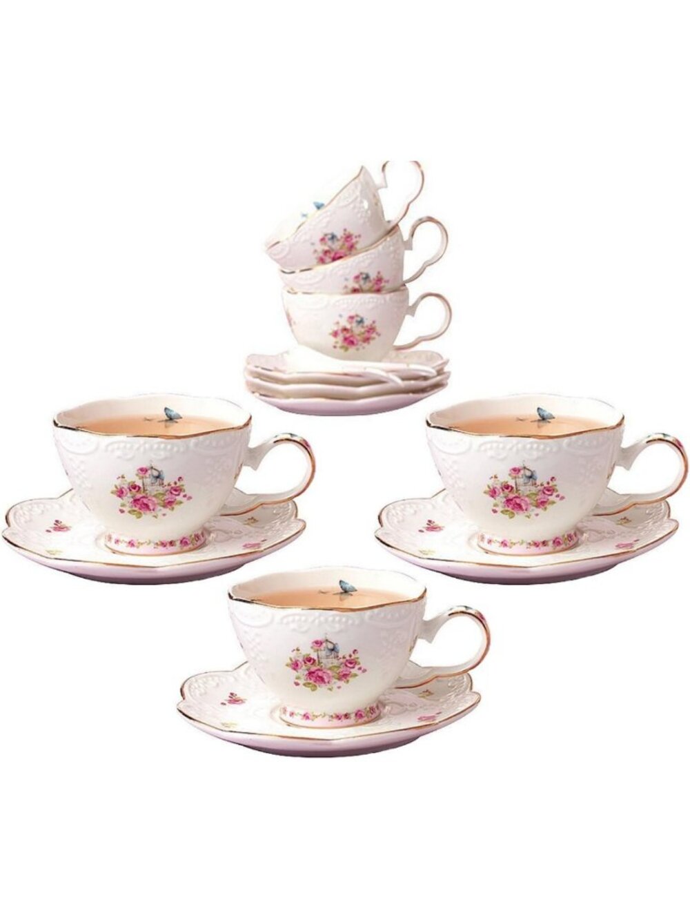 Elegant Porcelain Flower Tea Cup & Saucer Set - 6 Piece Dining Set